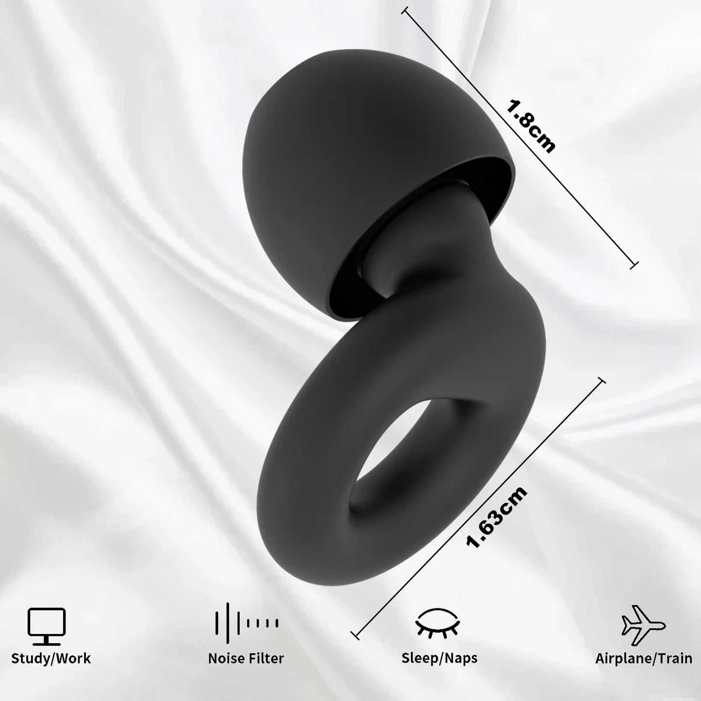 Black silicone ring with measurements on a white background