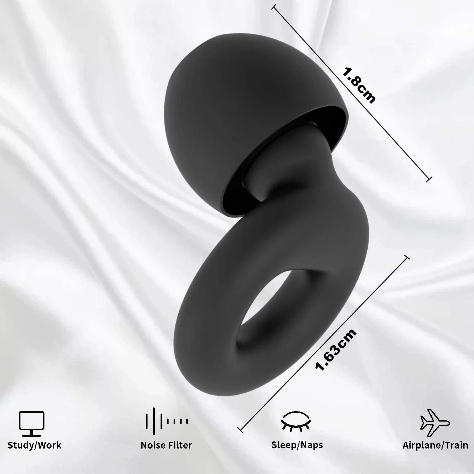 Black silicone ring with measurements on a white background
