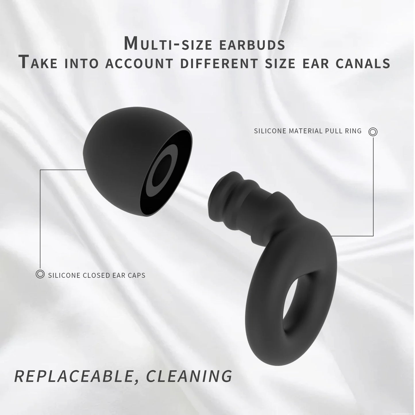Black earbud components with text on a white background