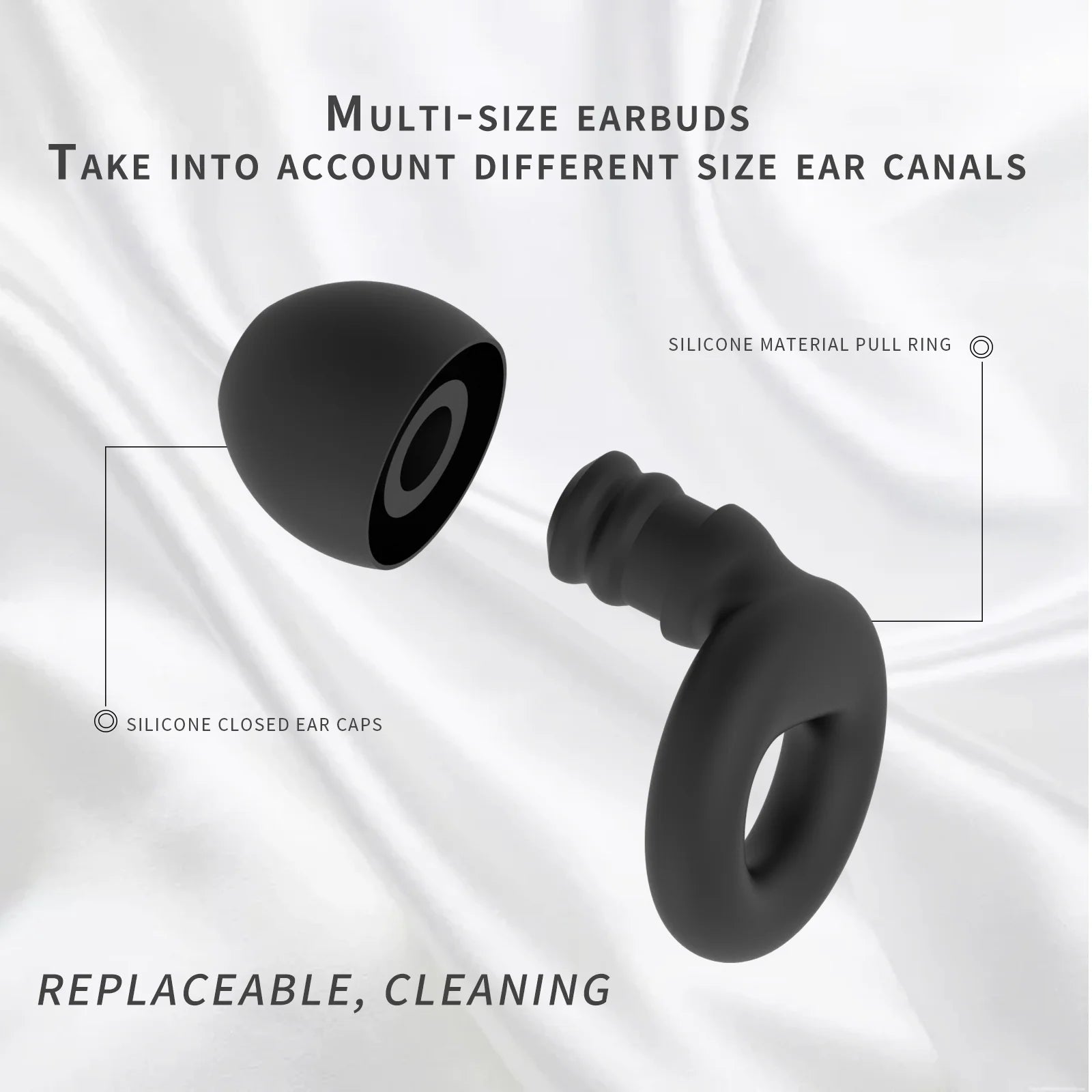 Black earbud components with text on a white background