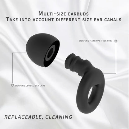 Black earbud components with text on a white background