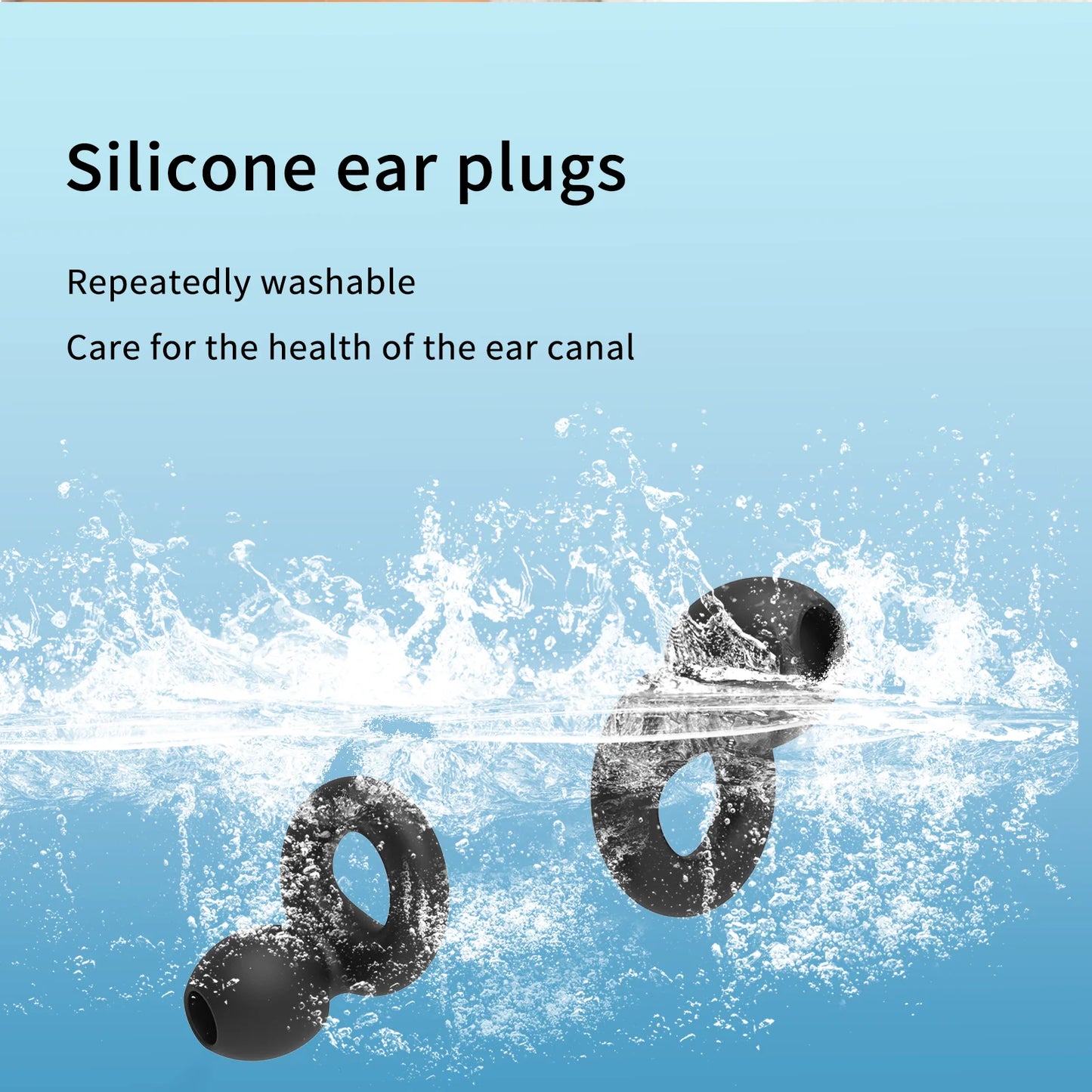 Silicone ear plugs with water splash on a blue background